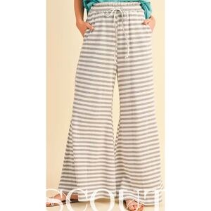White, Gray Striped Waffle Knit Flare Palazzo Pants